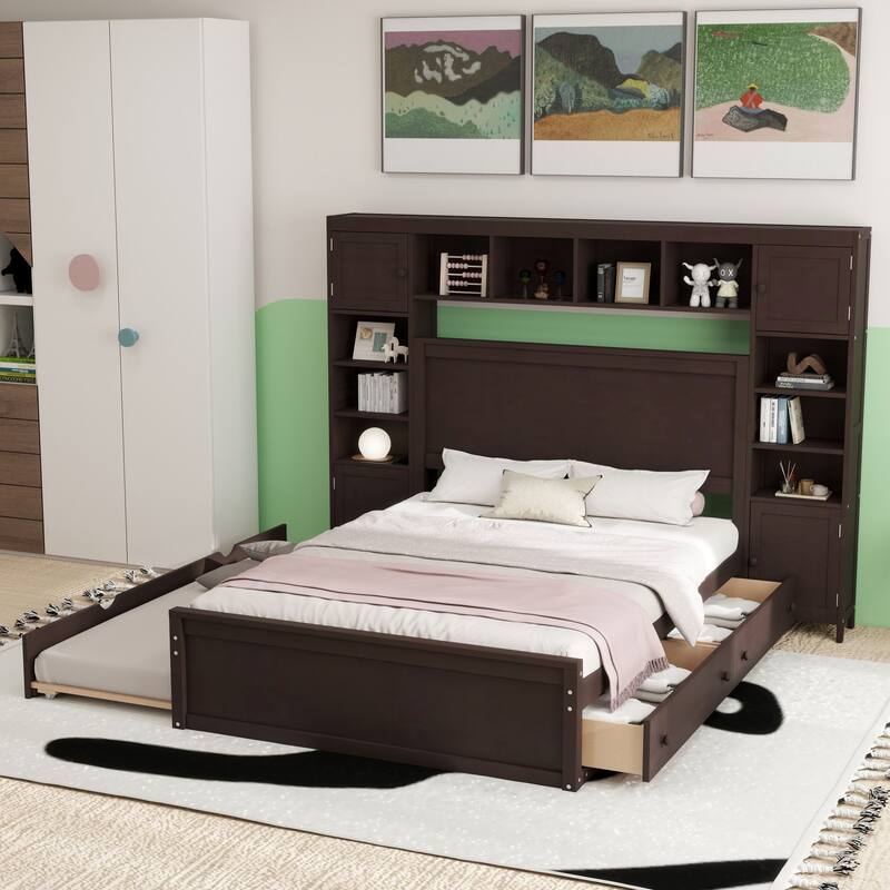 Modern Platform Bed with Integrated Cabinet and Drawers