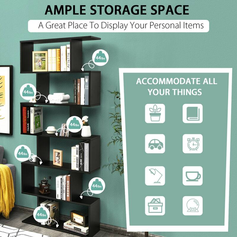 Gymax 6 Tier S-Shaped Bookshelf Storage Display Bookcase Decor Z-Shelf - 31.5'' x 9'' x 75''