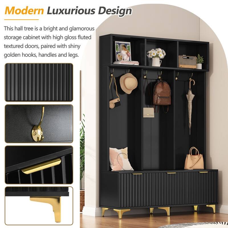 Modern Large Storage Hall Tree with Bench,High Gloss Fluted Doors