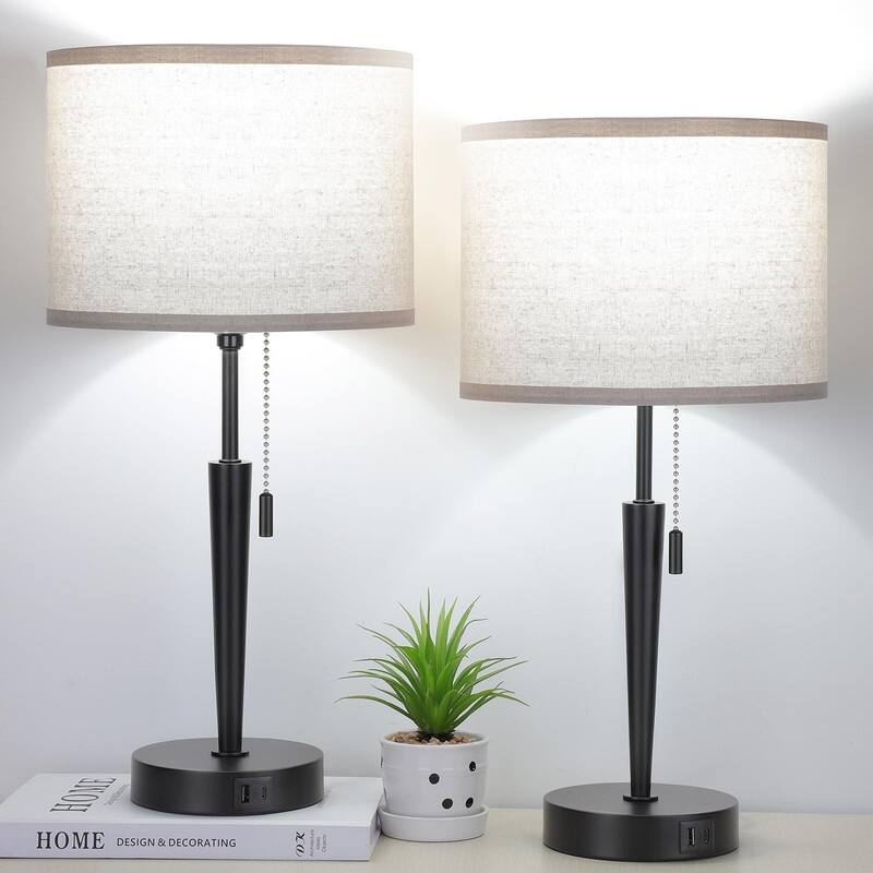 Set of 2 Bedside Table Lamp, Pull Chain Nightstand Lamps - E26 - Beige