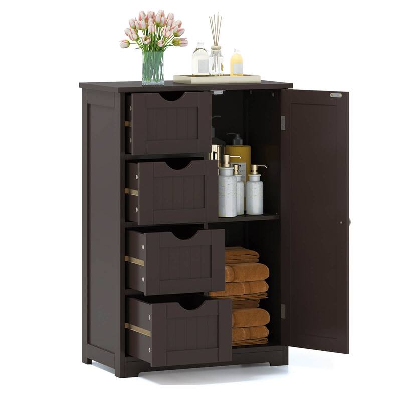 Costway Wooden 4 Drawer Bathroom Floor Cabinet Storage Cupboard 2 - Brown