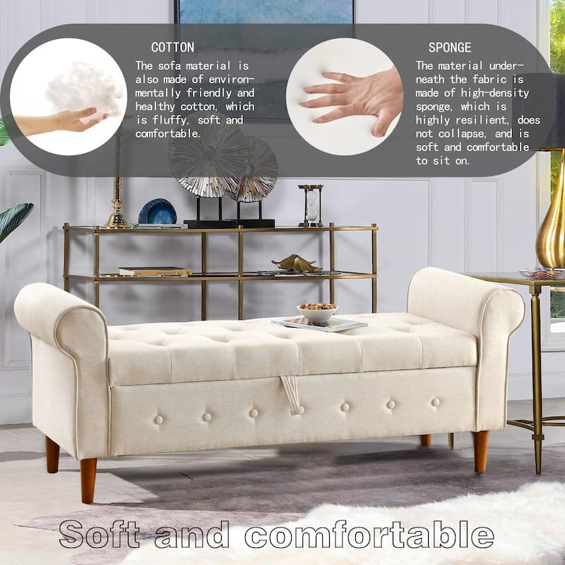 62" Bedroom Tufted Button Storage Bench, Modern Fabric Upholstered Ottoman, Window Bench