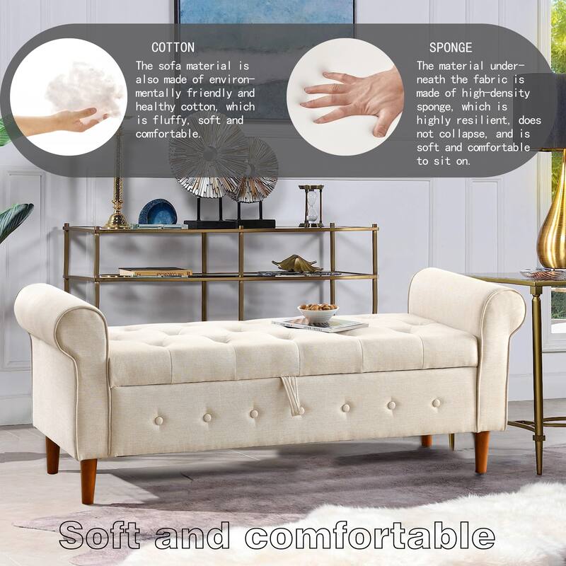 62" Bedroom Tufted Button Storage Bench Linen Upholstered Ottoman