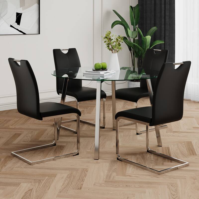 47.2" Round Glass Dining Table Set for 4, Modern 5-Piece Kitchen & Dining Table with 4 PU Chairs for Apartments, Kitchens