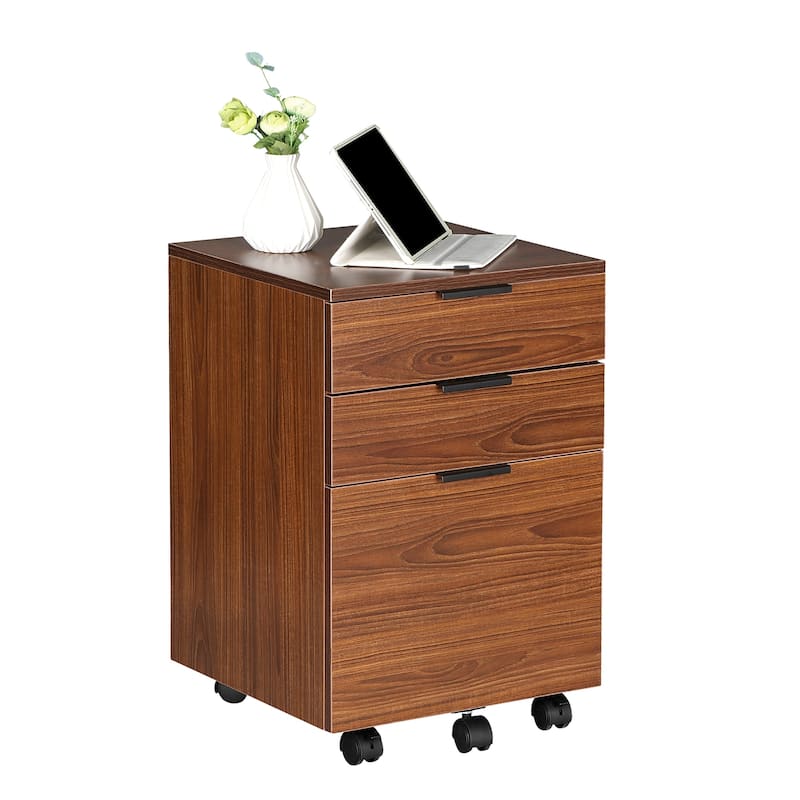 JJS 3 Drawer Rolling Wood File Cabinet with Locking Wheels for A4 or Letter Size - Brown