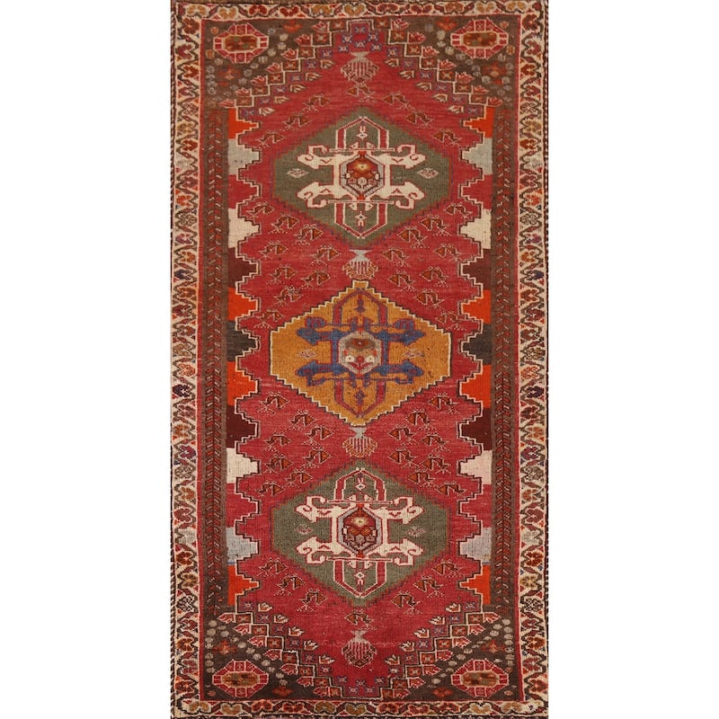 Geometric Shiraz Persian Vintage Runner Rug Handmade Wool Carpet - 2'4"x 5'0"