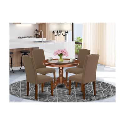 Round Dinette Set 5Pc - 42 Inch Table & 4 Chairs - Linen Fabric - Dark Coffee Finish
