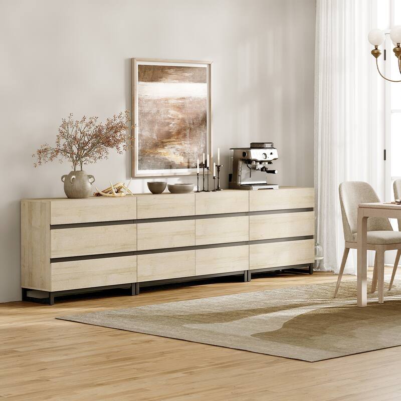 WAMPAT 3 in 1 Multifunctional Dresser with Glass Doors and 5 Drawers, Modern Chest of Drawers for Bedroom - Beige - 12-drawer