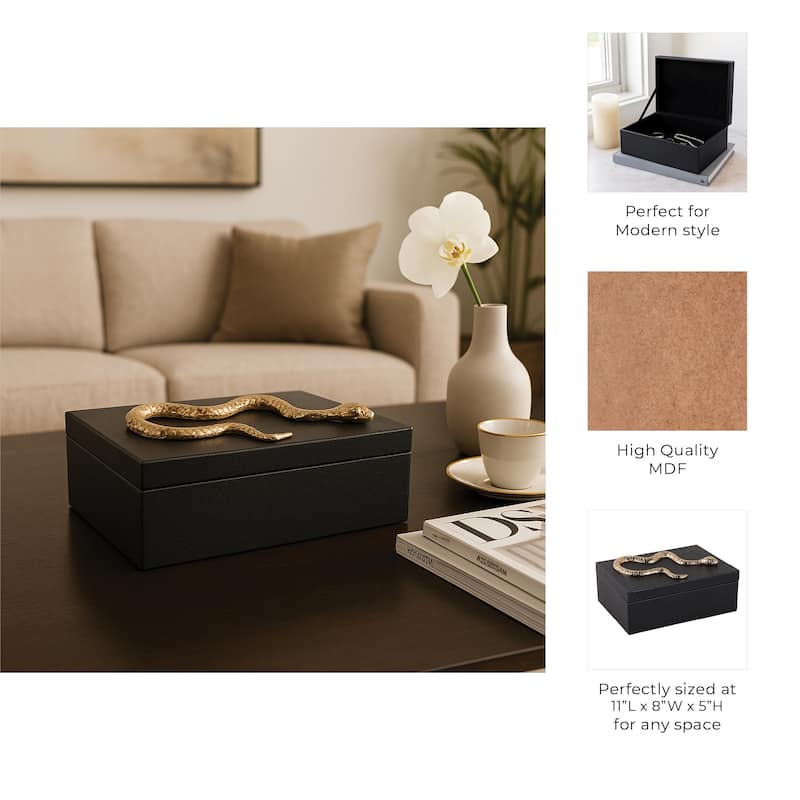 Faux Leather Storage Boxes Handles Modern Design (Set of 2) - 5" Black - 11" x 8" x 5"