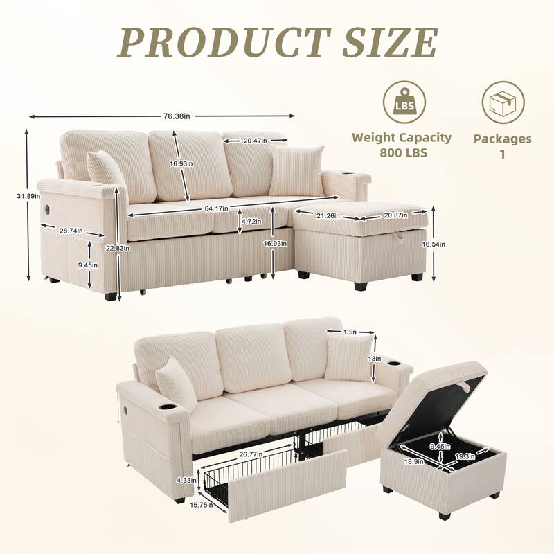 HOMEFUN Corduroy Upholstered L-shaped Pull-Out Storage Sectional Sofa with Storage Ottoman,USB Charging,Cup Holder