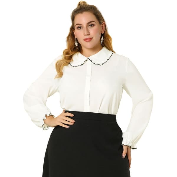 Women S Plus Size Ruffle Peter Pan Collar Long Sleeve Button Up Shirts White Overstock 32291707 Plus size fringe sleeveless peter pan collar tunic/dress. usd