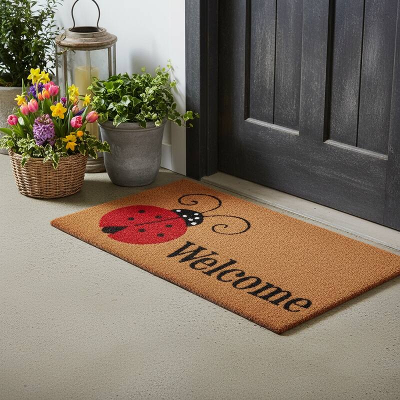 HomeRoots 17" X 29" Brown And Red Ladybug Welcome Outdoor Coir Door Mat - 17.00' X '29.00 - 17.00' X '29.00