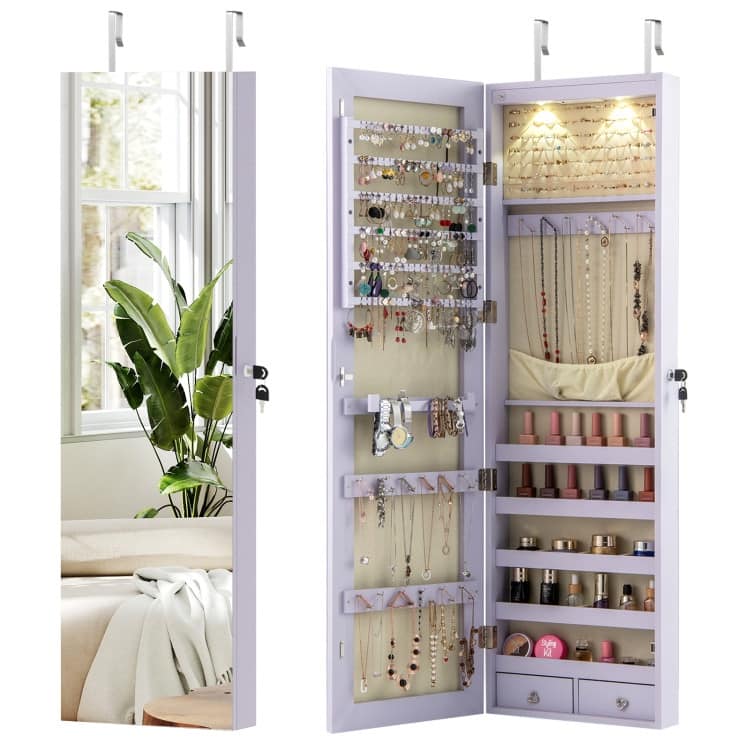 LED Lights Wall and Door Mounted Jewelry Storage Lockable Cabinet with Full Length Mirror - 14" x 4" x 54.5" (L x W x H) - Purple