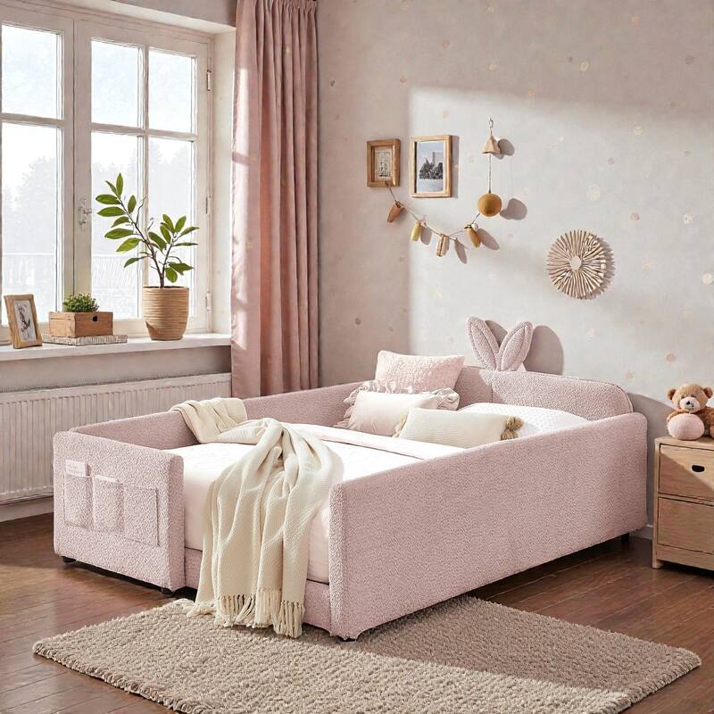 Full Size Upholstered Platform Bed with Rabbit Ear Headboard, Boucle Fabric Kids Bed with Safety Rail and Pocket - Pink - Full