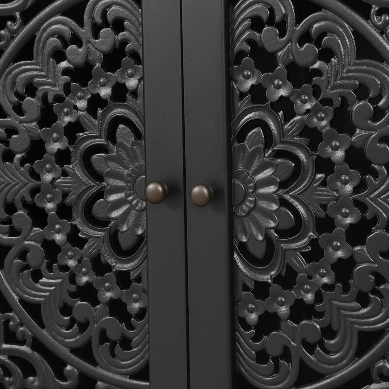 Carved Flower Door Large Storage Cabinet With Metal Handle