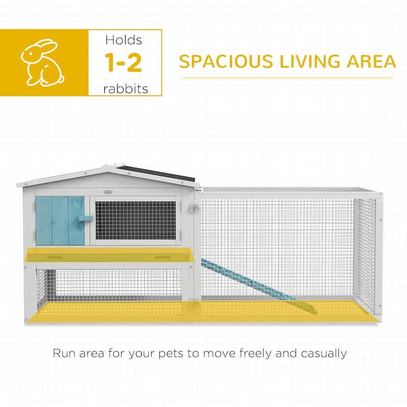 Outdoor Bunny Hutch with Waterproof Roof and Large Run Ramp Feeding Trough for 1-2 Small Animal - 61.5"L x 22.75"W x 26.75"H