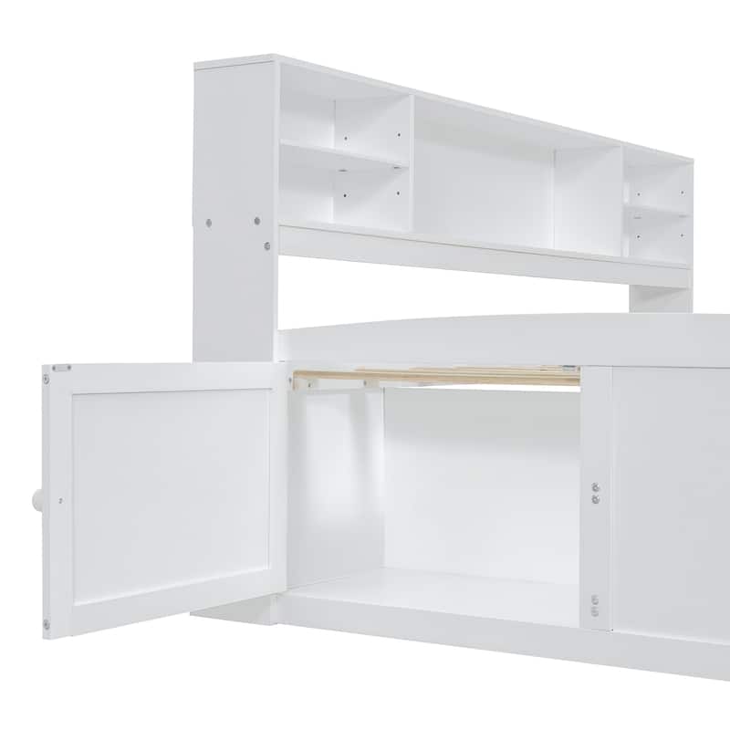 Full Size Wood Daybed with 2 Bedside Cabinets, Upper Shelves and 4 Drawers, White