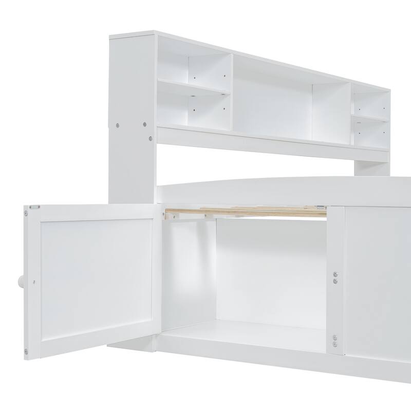 White Full Size Daybed with Bedside Cabinets, Upper Shelves, and 4 Drawers