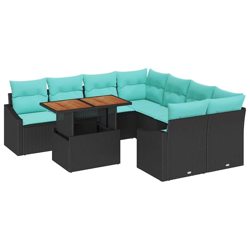 vidaXL 9 Garden Sofa Set with Cushions Black/Grey Poly Rattan - 91.9 x 92.1 x 27.2