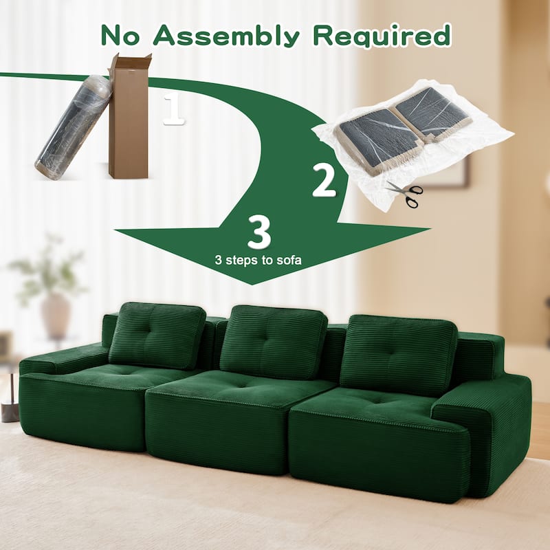 Roomfitters No Assembly Modular Sofa, 117 Inch Corduroy 3-Seater with Piping, Green