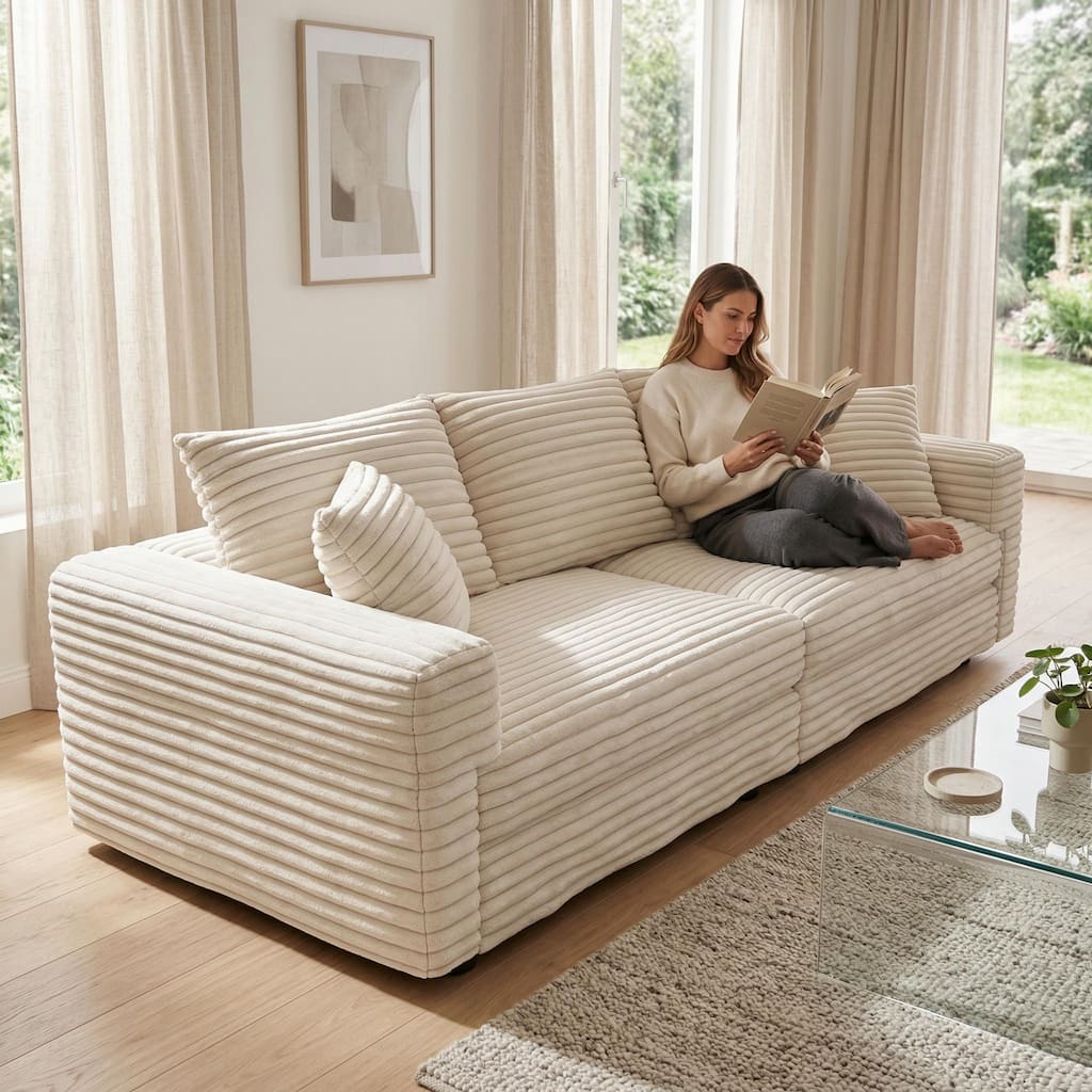 Homy Casa Plush Corduroy Cloud Couch Sofa with Ottoman, Deep Seat Modular, Living Room Upholstered Sofa, Multi-color 3/4-Seat