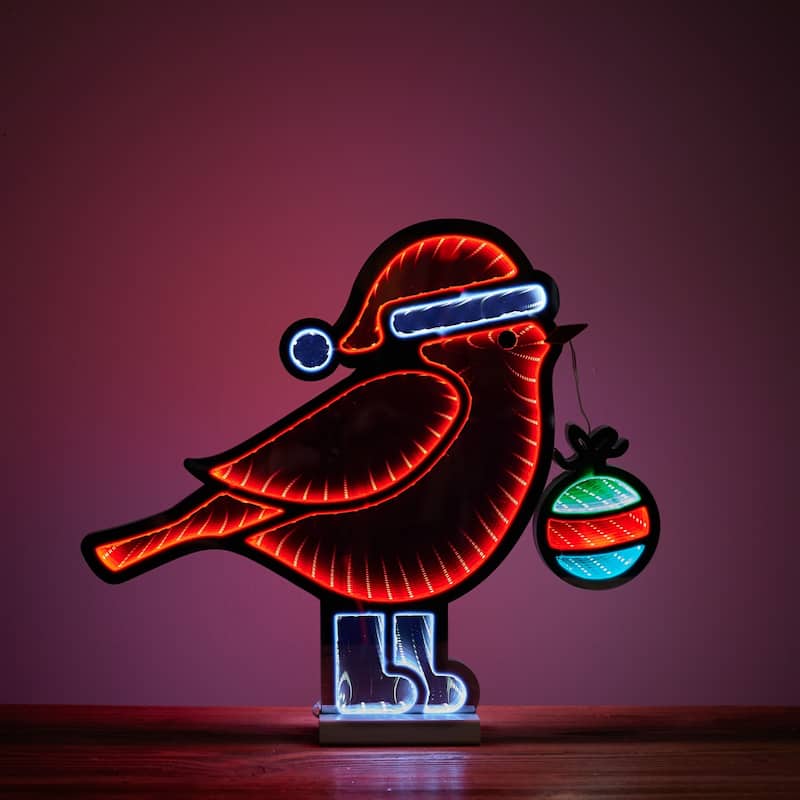 LED Lighted Cardinal Bird with Ornament Christmas Infinity Mirror - 18"