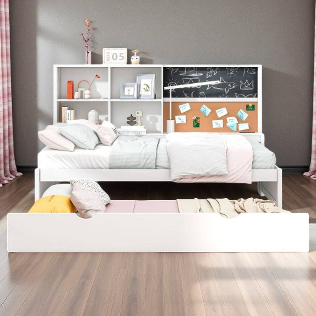 Twin Size Daybed with Trundle, Built-In Storage Shelves, Chalkboard, Corkboard, and USB Charging Ports, White Wood Frame