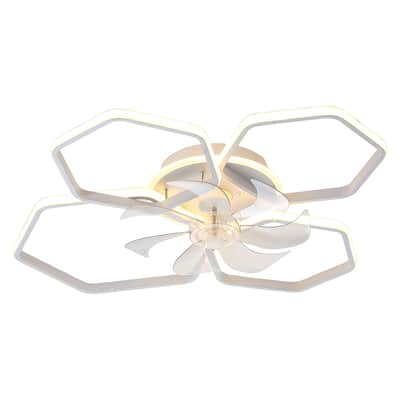 Hexagon Flush Mount Ceiling Fan with 6 Gear Wind Speed Adjustable Control & Dimmable 3-Color Light, Reversible DC Motor