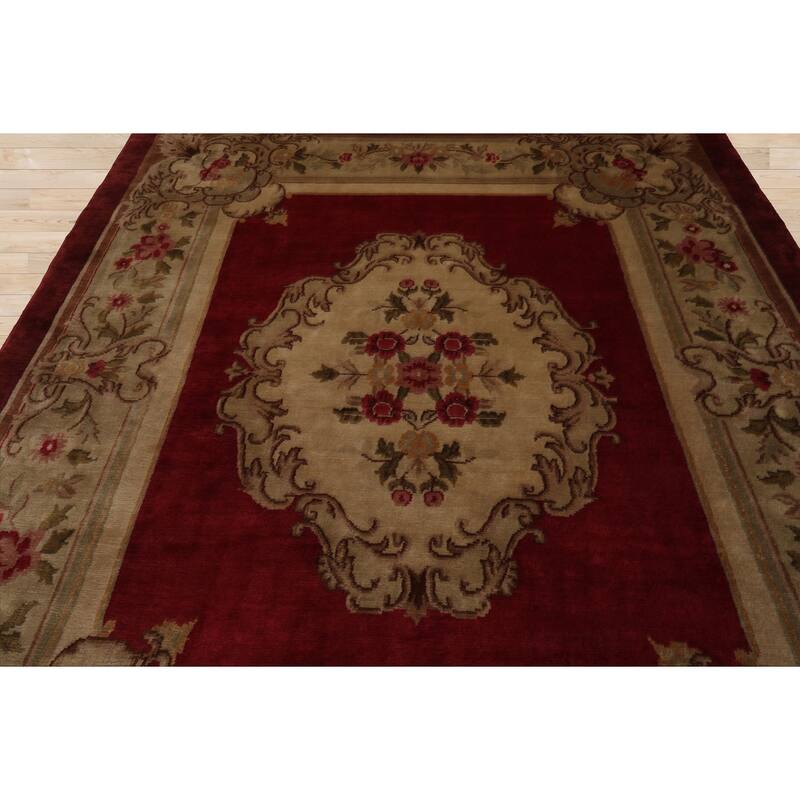 7'8''x9'5'' Hand Knotted Wool Crimson French Aubusson Savonnerie Rug - 7' 8'' x 9' 5''