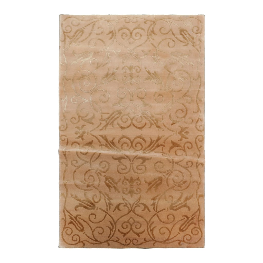 Wool & Silk Tan Tibetan Transitional Floral 3'x5'1'' Hand Knotted Rug - 3' x 5' 1''