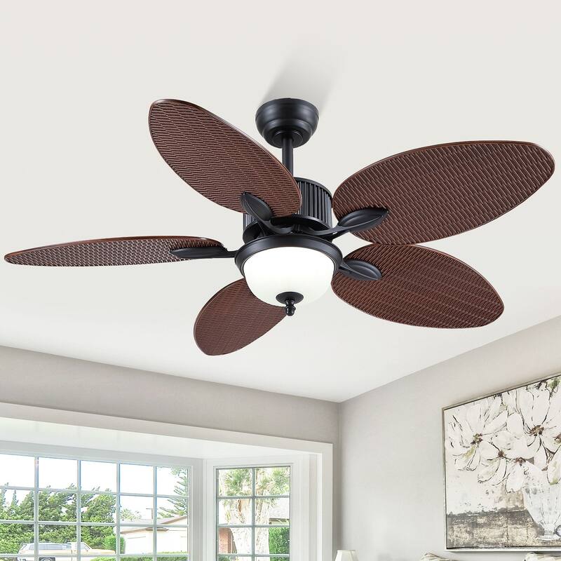 50 Inch Tropical Ceiling Fan with Llight Brown Palm Leaf Blades Glass Light Cover - 50 Inches