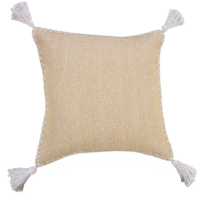 Handwoven Solid Square Cotton Throw Pillow Cover with Tassels - 20" - Beige