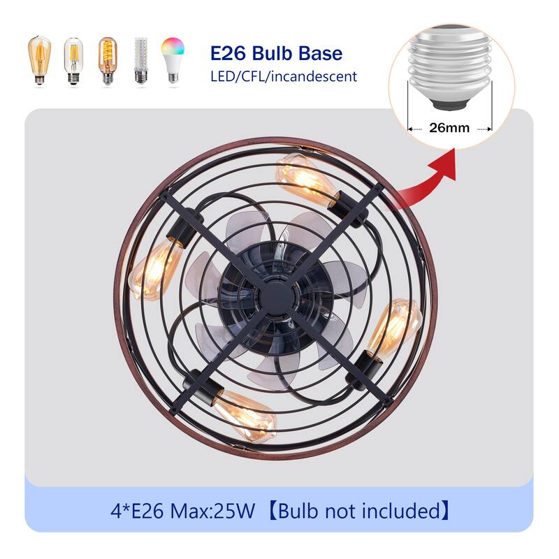 20'' Farmhouse Caged Ceiling Fan with Lights and Remote Control , Black Bladeless Reversible DC Motor Ceiling Fan