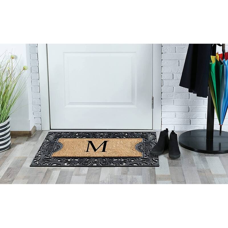 A1HC Floral Border Rubber and Coir Large Outdoor Durable Monogrammed Doormat, Black - 23" X 38"