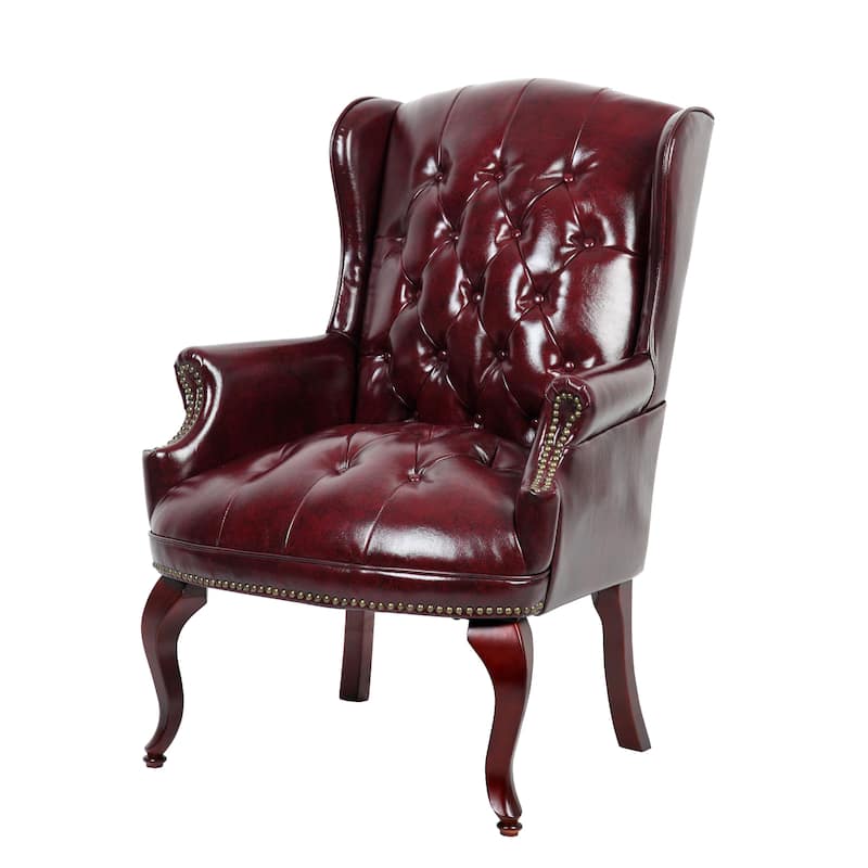 Saily Guest Armchair, Traditional Wingback, Mahogany, Burgundy Vinyl