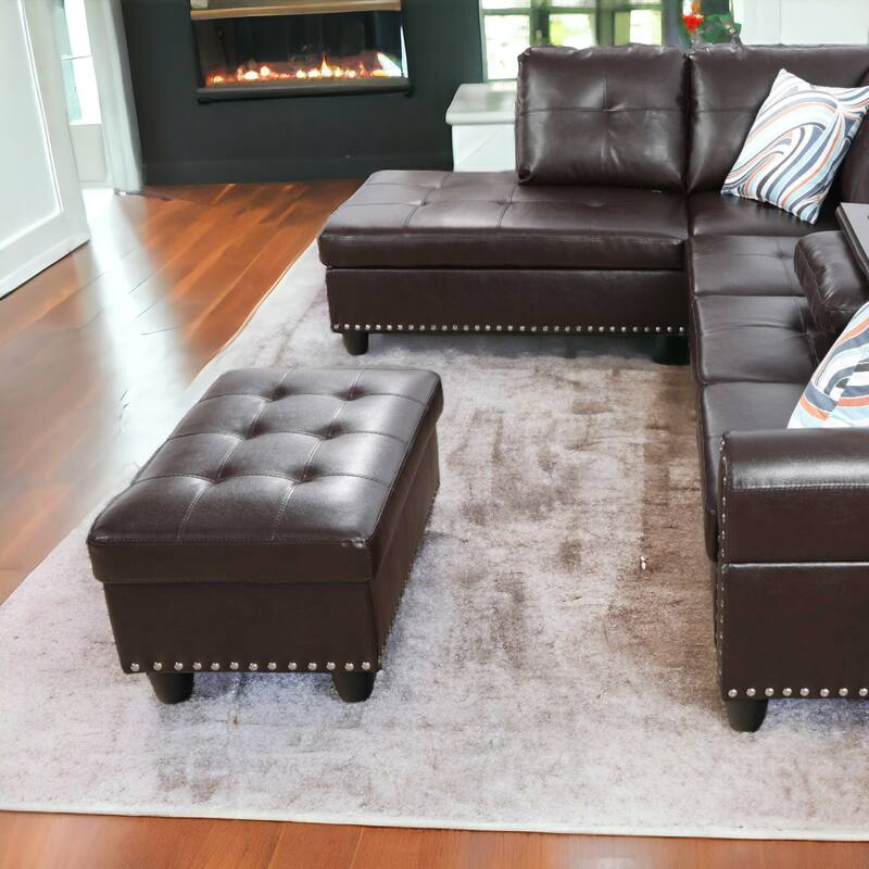 KISRAIS 28.5" Wide Vegan Leather Nailhead Trim Storage Ottoman