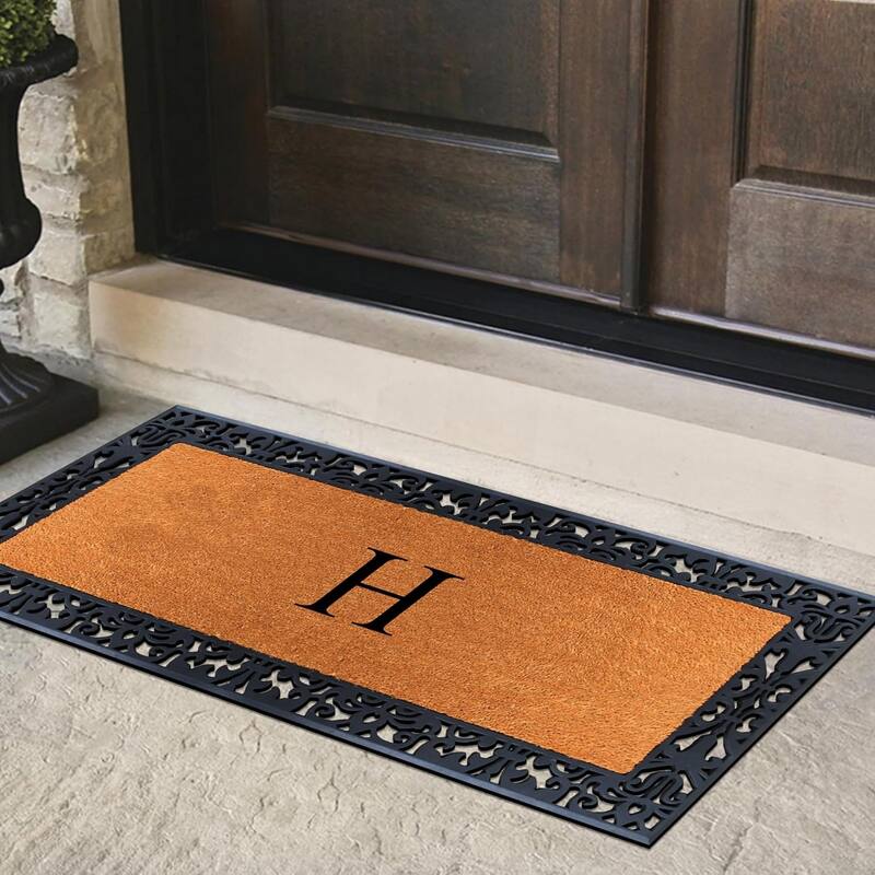 A1HC Rubber and Coir Paisley Border Heavy Duty Non-Slip Durable Double Door Monogrammed Doormat 30"X60", Black
