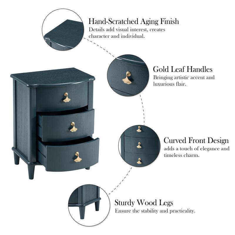 COZAYH Elegant 3-Drawer Nightstand with Gold Leaf Handles, Vintage Curved Front Design, Distressed Finish