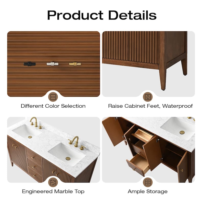 Vanity Art 60" Double Sink Bathroom Vanity Cabinet with Engineered Marble Top