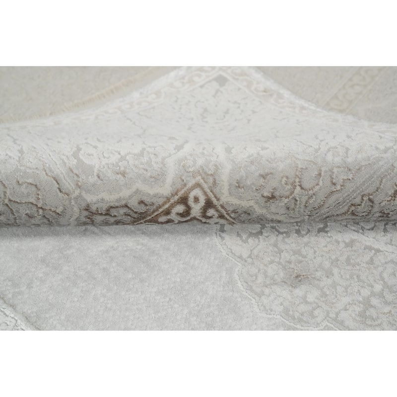 Machine Made Oriental Polyester Carpet Traditional Medallion Greys & Charcoal Tabriz Area Rug - 7' 5'' X 5' 2''