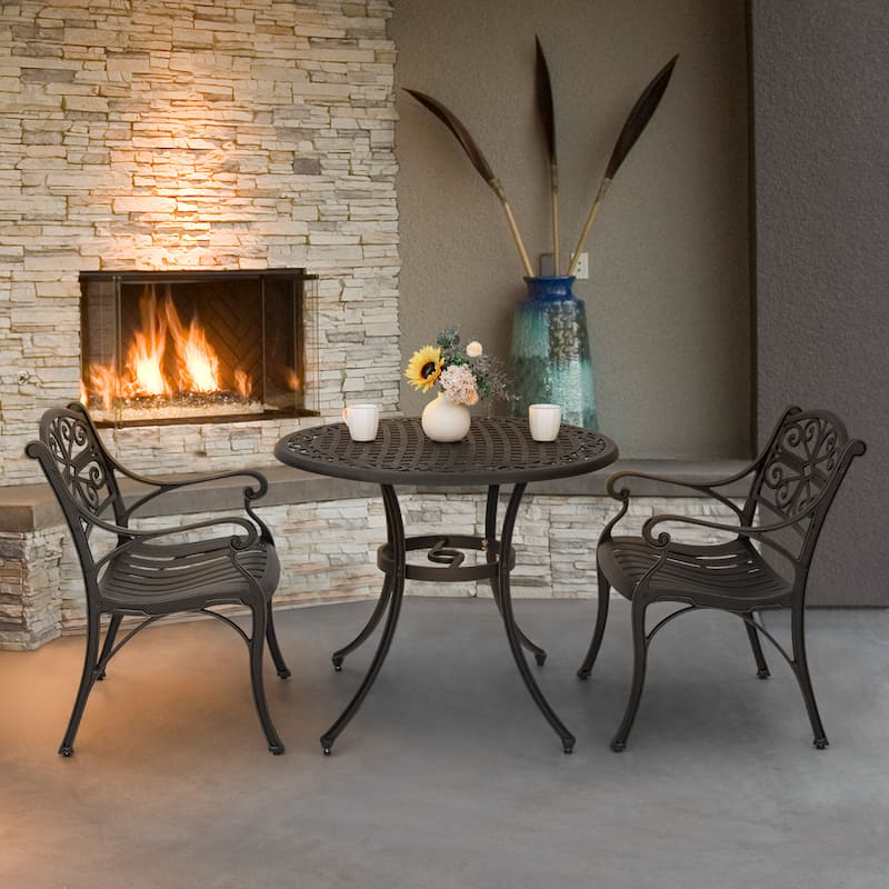 Outdoor Bistro Set of 3 Cast Aluminum Bistro Set with Umbrella Hole - black with gold-painted edge