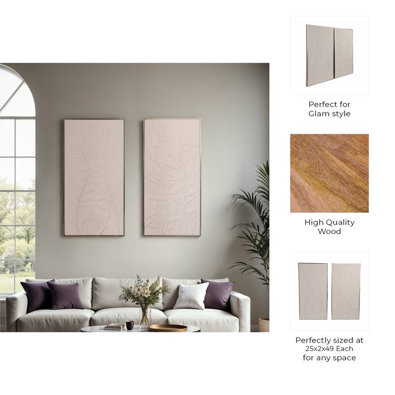 Canvas Art Framed Wood Subtle Leaf Texture (Set of 2) - 49" White