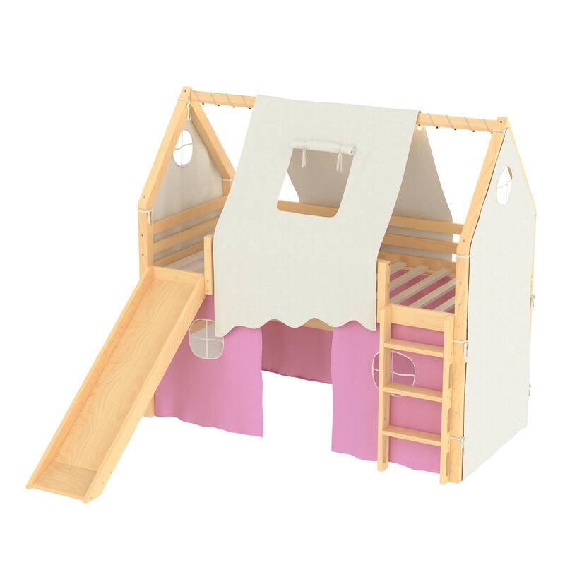 Fairytale Loft Bed Wooden House Bed with Tents, Light Strip and Slide