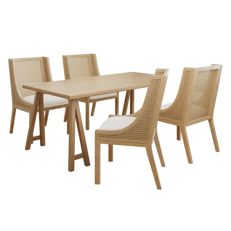 Sorenza 5pc Dining Set with Cushioned Seats, Cane Rattan Webbing, Rubberwood by Christopher Knight Home - Natural Oak+BEIGE+Natural Cane