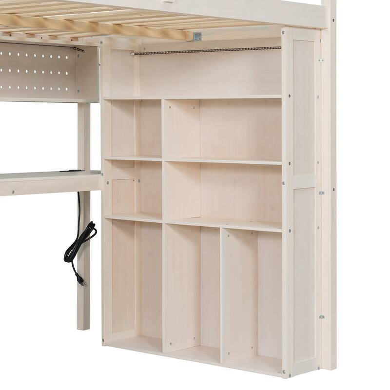 Full Loft Bed with Built-In Wardrobe & Study Desk - Space-Saving Frame with LED Lights & Shelves