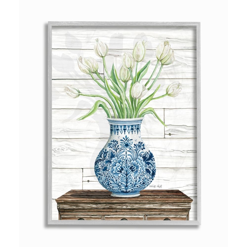 Stupell Industries Tulip Bouquet In Blue Ceramic Vase White Floral Design Framed Wall Art Multi Color Overstock 31610298