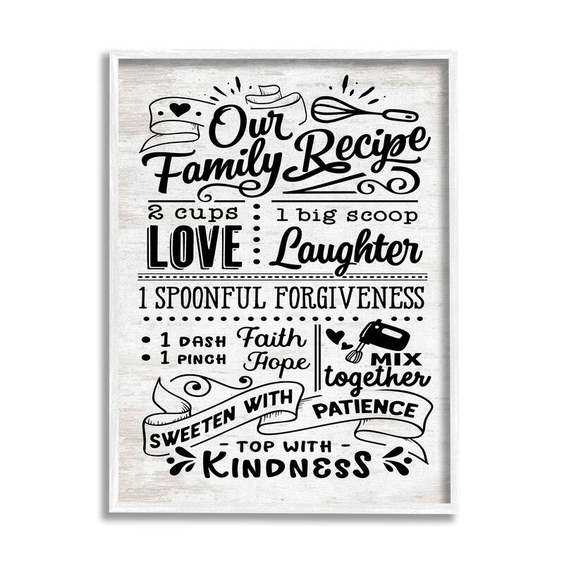 Stupell Our Family Recipe Motivational Kitchen Phrases Life Ingredients Framed Wall Art - 24 x 30 - White