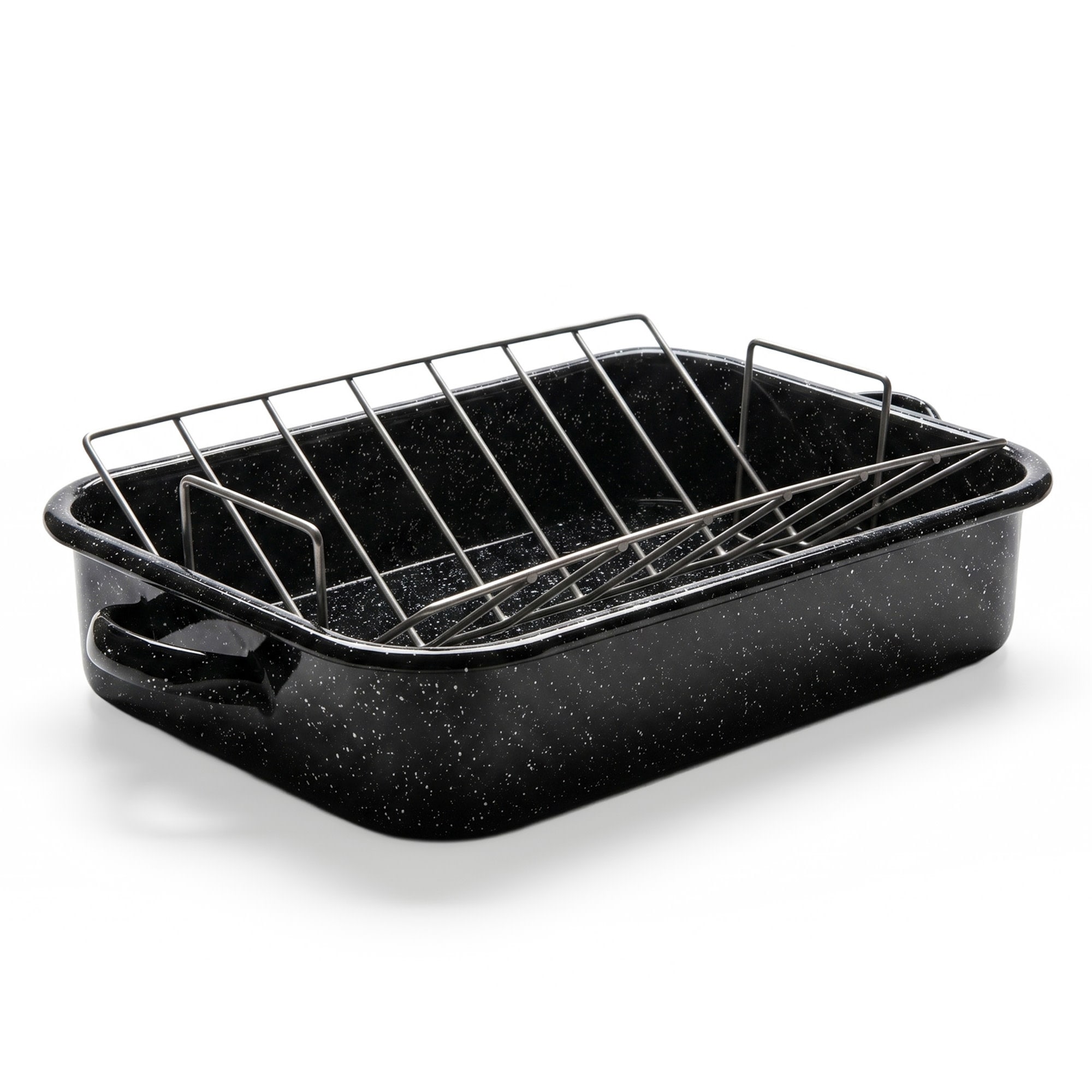 Granite Ware V Rack Steel Roasting Pan Black Nonstick Glass Oven Safe - 2.76" H x 19.13" L x 11.97" W