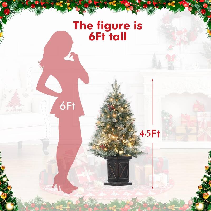 4.5 Ft Artificial Christmas Tree with 200 Warm White LED Lights and Red Berries Potted Base Holiday Xmas Tree