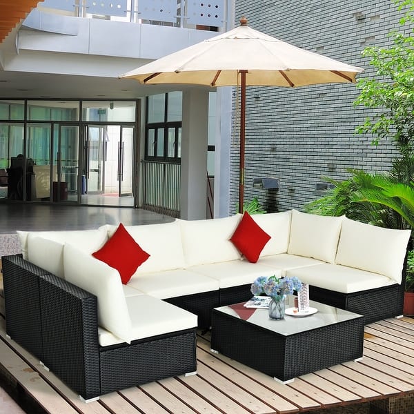 Shop 7pcs Patio Rattan Furniture Set Sectional Sofa Cushioned Glass Table Overstock 17756476